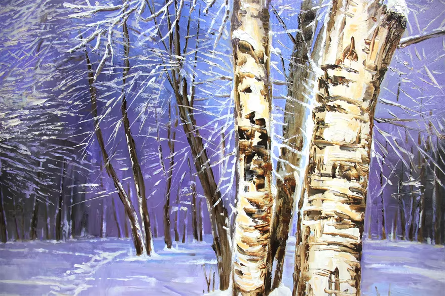 Original Oil Painting "Snowy Birch Grove in Winter" by DPRK First-Class Painter Park Il – Collectible Hand-Painted Winter Landscape Art 7611