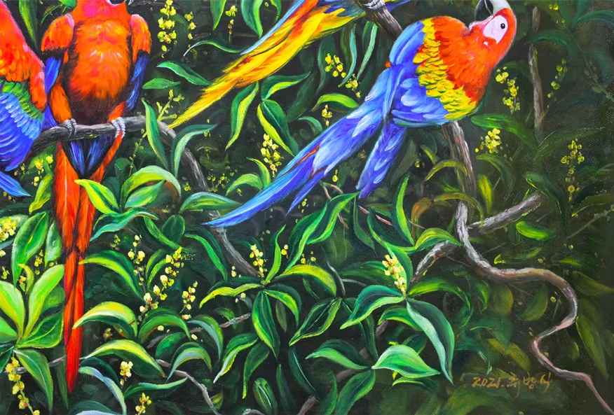 Original Oil Painting "Macaws" by First-Class Painter Liu Fangzhi – Collectible Hand-Painted Wildlife Art 7135