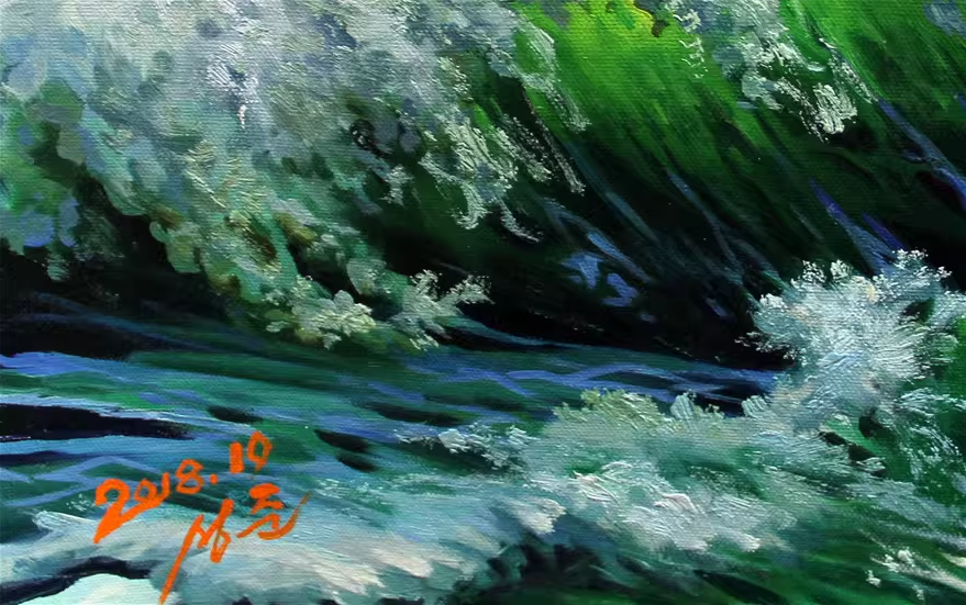 Original Oil Painting "Crashing Waves" by First-Class Painter Cheng Jun – Collectible Hand-Painted Seascape Art 5780
