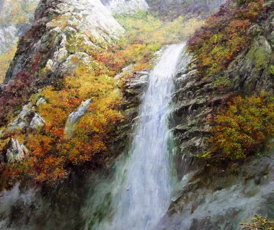 Original Oil Painting "Mountain Waterfall" by DPRK First-Class Painter Sung Chol – Collectible Hand-Painted Autumn Landscape Art 5783