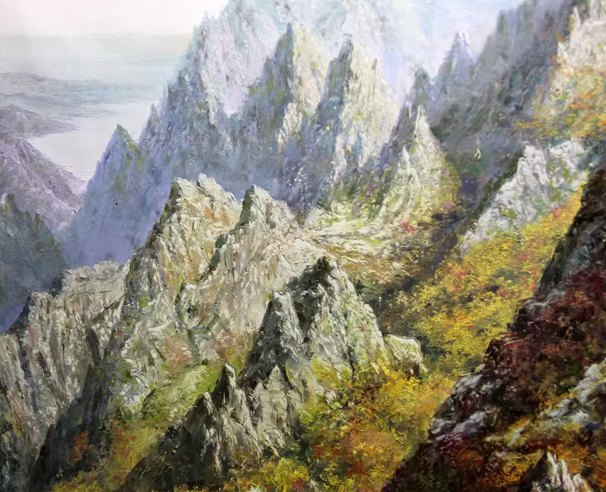 Original Oil Painting "Mountain Waterfall" by DPRK First-Class Painter Sung Chol – Collectible Hand-Painted Autumn Landscape Art 5783