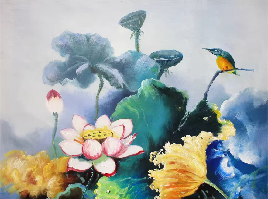 Original Oil Painting "Lotus Pond" by First-Class Painter Kim Kwang Sik – Collectible Hand-Painted Floral & Wildlife Art 1556