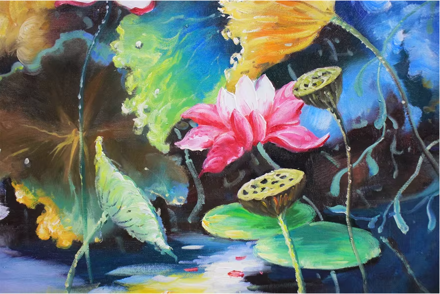Original Oil Painting "Lotus Pond" by First-Class Painter Kim Kwang Sik – Collectible Hand-Painted Floral & Wildlife Art 1556