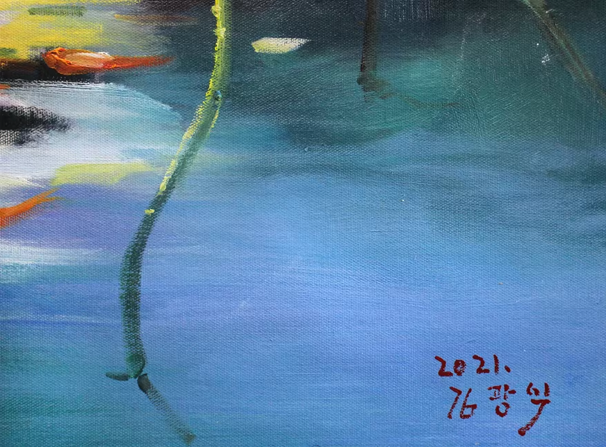 Original Oil Painting "Lotus Pond" by First-Class Painter Kim Kwang Sik – Collectible Hand-Painted Floral & Wildlife Art 1556