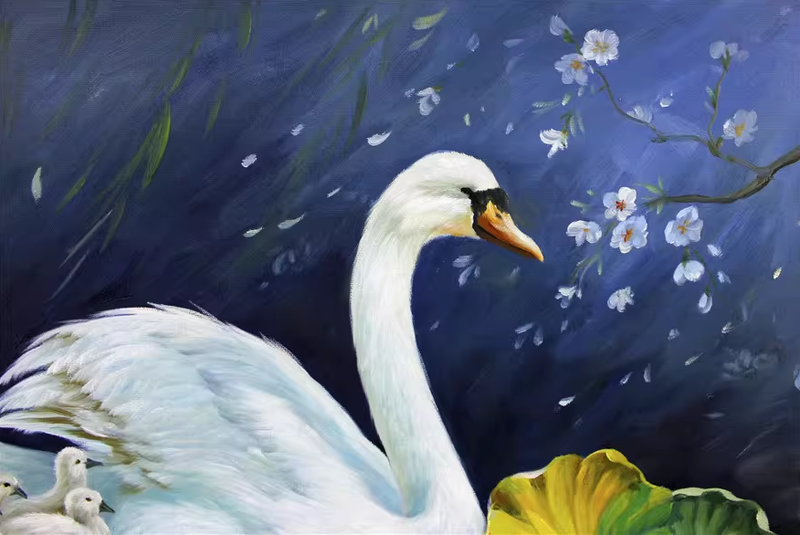 Original Oil Painting "Swan and Cygnets" by First-Class Painter Kim Kyung Mi – Collectible Hand-Painted Wildlife Art 1907
