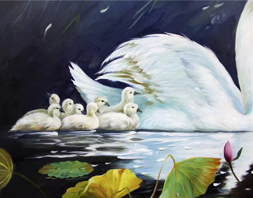 Original Oil Painting "Swan and Cygnets" by First-Class Painter Kim Kyung Mi – Collectible Hand-Painted Wildlife Art 1907