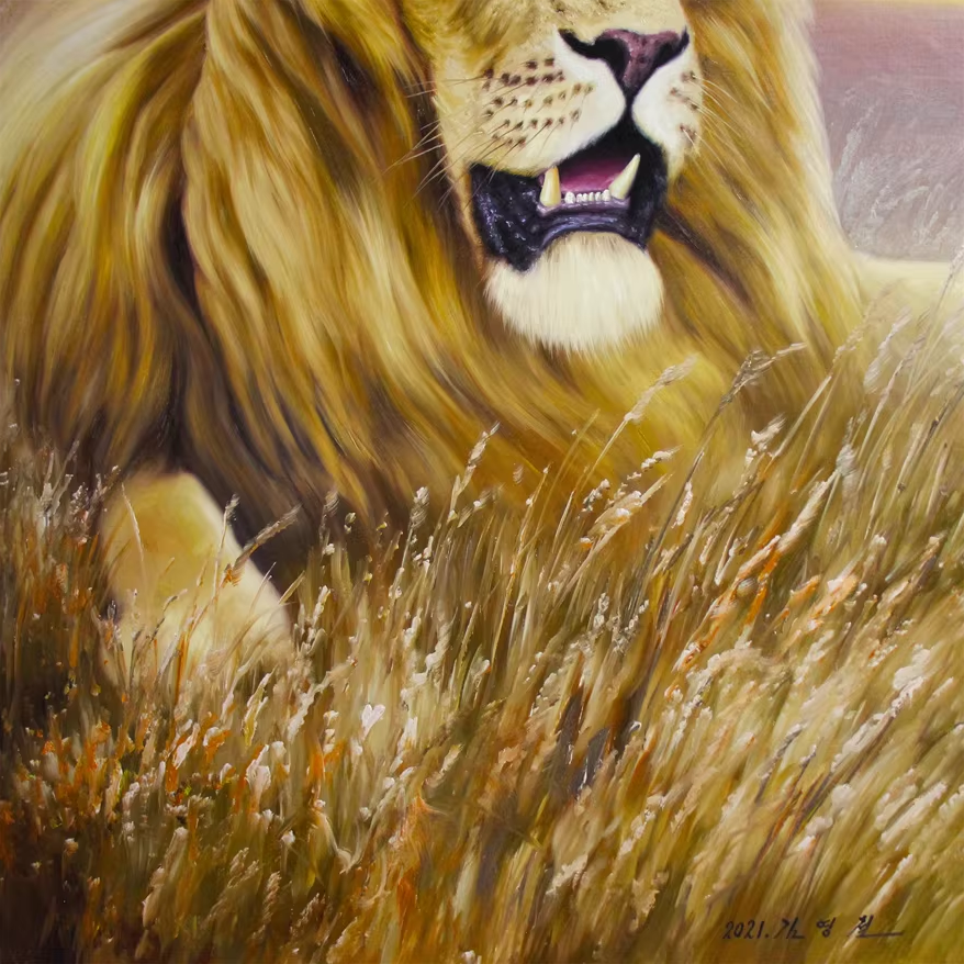 Original Oil Painting "Lion King" by Honored Artist Kim Yong Chol – One-of-a-Kind Hand-Painted Wildlife Art 1078