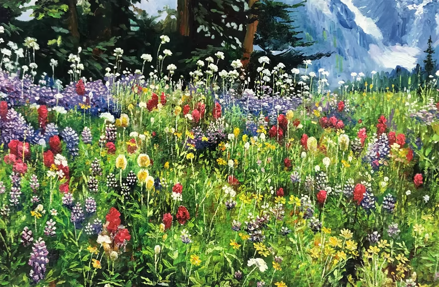 Original Oil Painting "A Hundred Flowers in Bloom" by DPRK First-Class Painter Ri Ok Hui – One-of-a-Kind Hand-Painted Mountain Landscape Art G2367