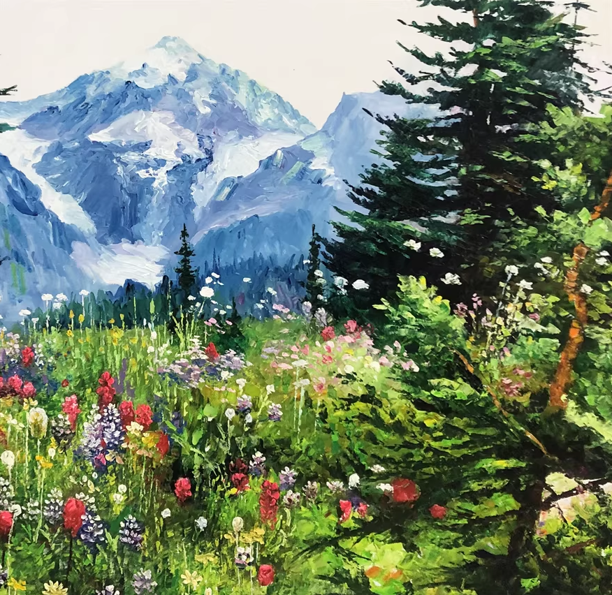 Original Oil Painting "A Hundred Flowers in Bloom" by DPRK First-Class Painter Ri Ok Hui – One-of-a-Kind Hand-Painted Mountain Landscape Art G2367