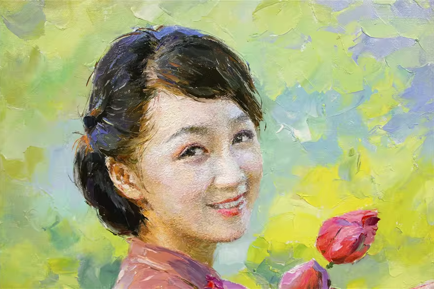 Original Hand‑Painted Portrait – Beauty with Lotus Oil Painting by Kim Young Chul br1192