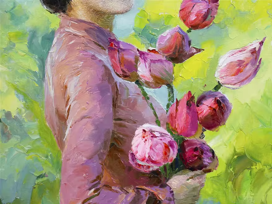 Original Hand‑Painted Portrait – Beauty with Lotus Oil Painting by Kim Young Chul br1192