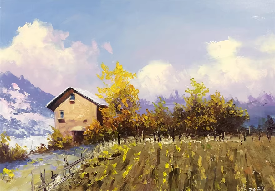 Golden Forest & Silver Mountains Oil Painting by Kim Chol Jun | Original Landscape Art 11758