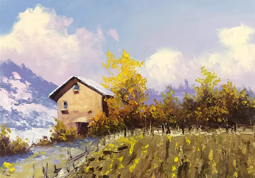 Golden Forest & Silver Mountains Oil Painting by Kim Chol Jun | Original Landscape Art 11758