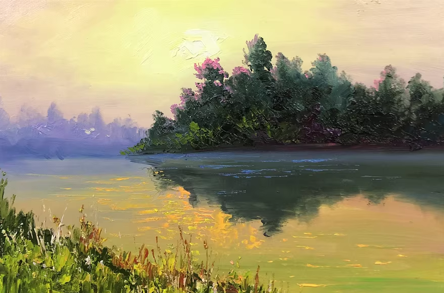 Original Oil Painting – Sunrise by the Lake | Hand-Painted Landscape Art by Kim Chol Jun 11482