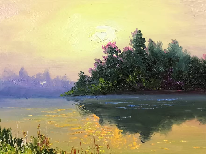 Original Oil Painting – Sunrise by the Lake | Hand-Painted Landscape Art by Kim Chol Jun 11482