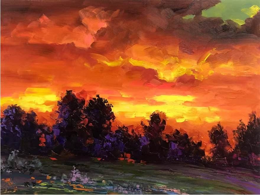 Original Oil Painting – Crimson Sunset Glow | Hand-Painted Impressionist Landscape Art by Kim Chol Jun 11720