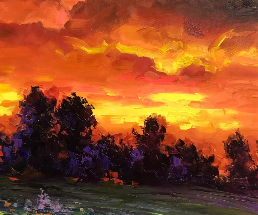 Original Oil Painting – Crimson Sunset Glow | Hand-Painted Impressionist Landscape Art by Kim Chol Jun 11720