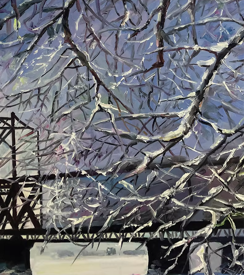 Original Oil Painting "Yalu River Bridge" by Meritorious Painter Hong Myung Il – Collectible Hand-Painted Impressionist Winter Landscape Art G2428