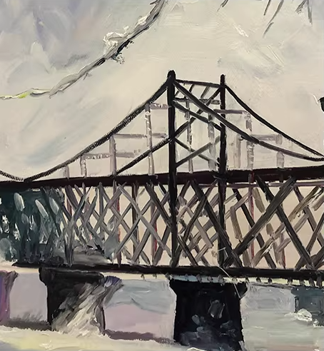 Original Oil Painting "Yalu River Bridge" by Meritorious Painter Hong Myung Il – Collectible Hand-Painted Impressionist Winter Landscape Art G2428