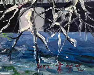 Original Oil Painting "Yalu River Bridge" by Meritorious Painter Hong Myung Il – Collectible Hand-Painted Impressionist Winter Landscape Art G2428