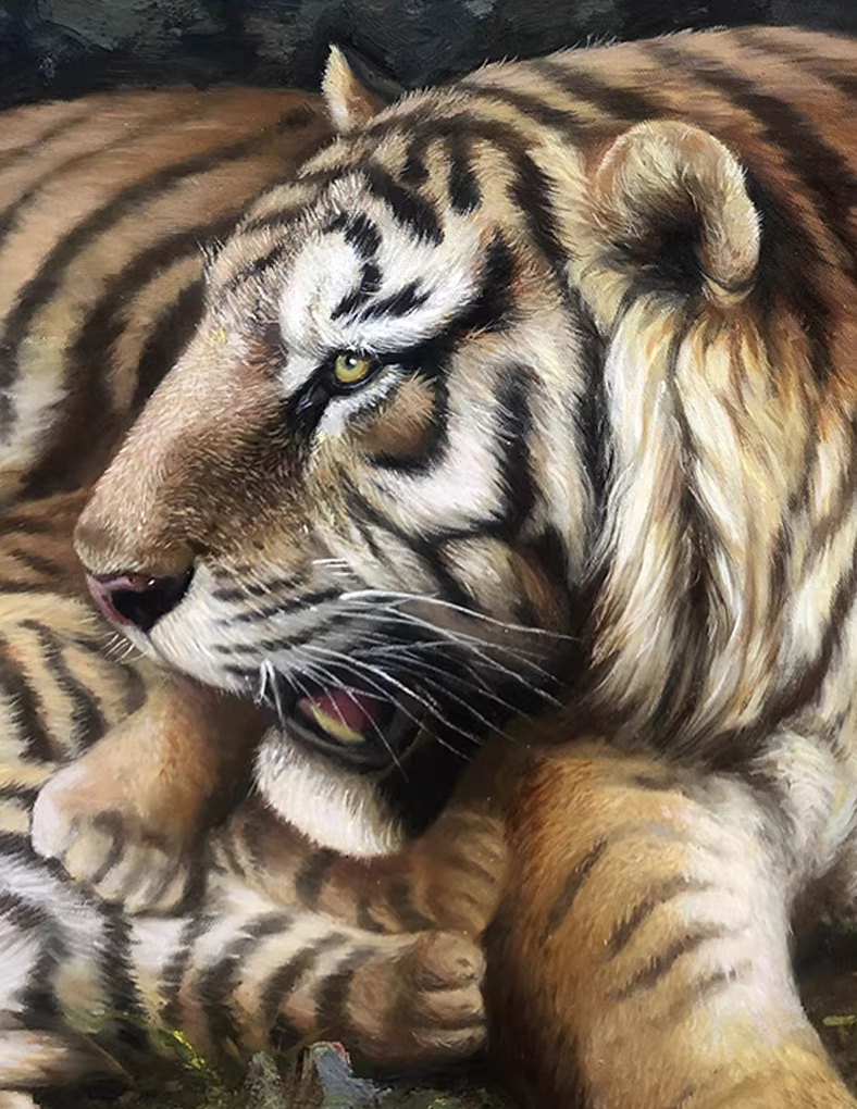 Original Oil Painting "Tiger Family" by DPRK Meritorious Painter Kim Young Jin – Collectible Hand-Painted Hyper-Realist Wildlife Art br1484