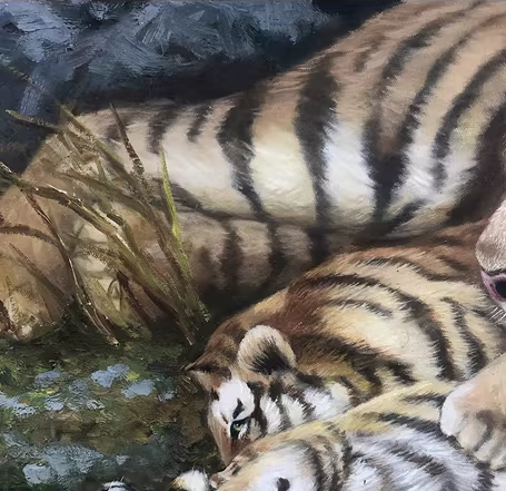 Original Oil Painting "Tiger Family" by DPRK Meritorious Painter Kim Young Jin – Collectible Hand-Painted Hyper-Realist Wildlife Art br1484