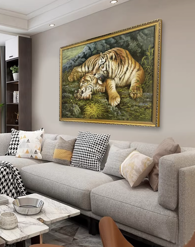 Original Oil Painting "Tiger Family" by DPRK Meritorious Painter Kim Young Jin – Collectible Hand-Painted Hyper-Realist Wildlife Art br1484