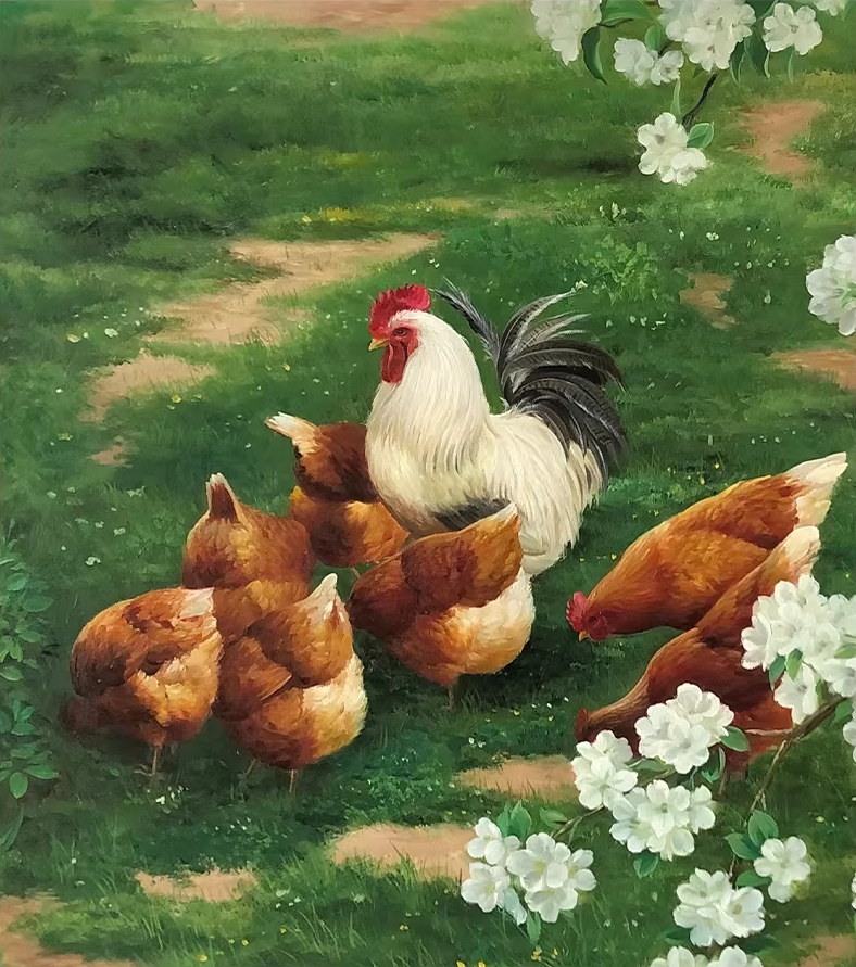 Original Oil Painting "Rooster & Hens" by First-Class Painter Ri Chol Nam – Collectible Hand-Painted Hyper-Realist Farm Animal Art G2524
