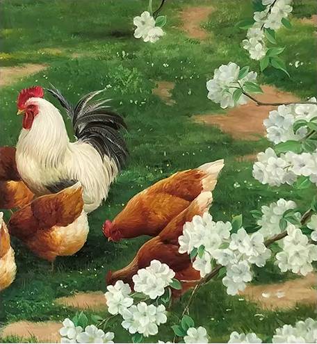 Original Oil Painting "Rooster & Hens" by First-Class Painter Ri Chol Nam – Collectible Hand-Painted Hyper-Realist Farm Animal Art G2524