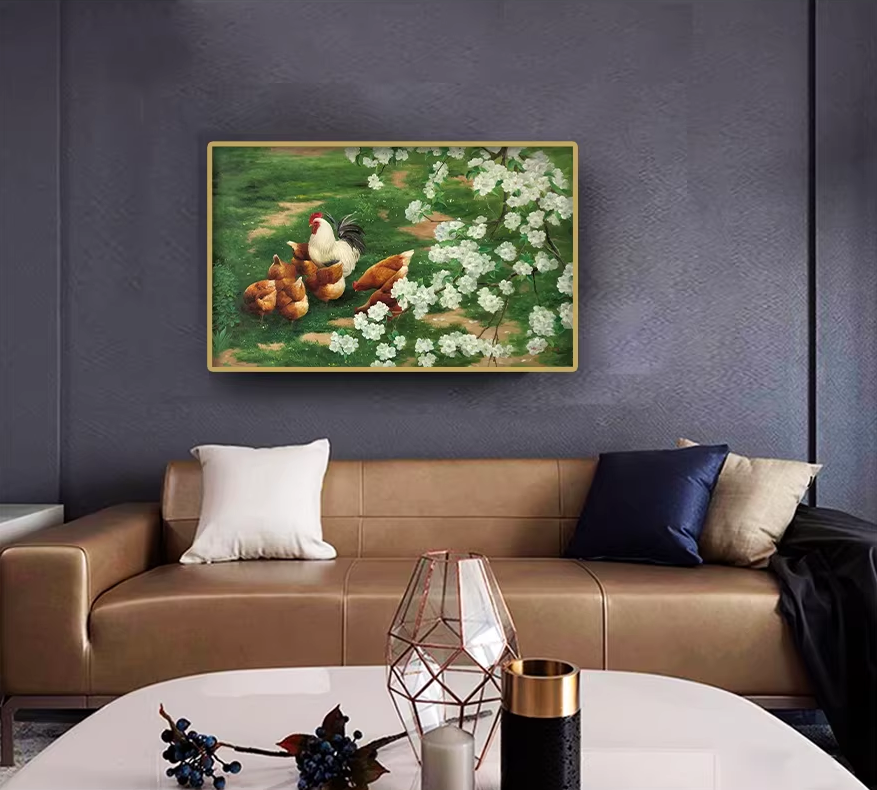 Original Oil Painting "Rooster & Hens" by First-Class Painter Ri Chol Nam – Collectible Hand-Painted Hyper-Realist Farm Animal Art G2524