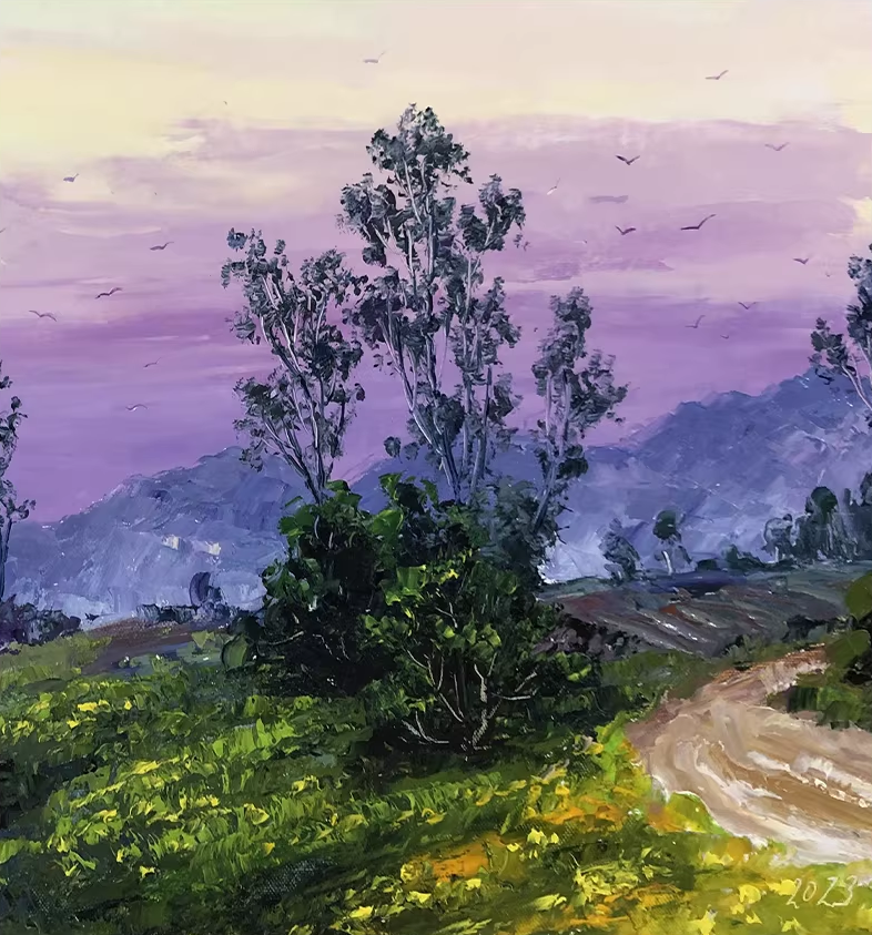 Original Oil Painting "Purple Qi from the East" by Meritorious Painter Kim Young Chul – Collectible Hand-Painted Impressionist Landscape Art 14675