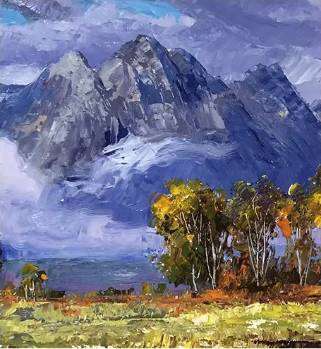 Original Oil Painting "Autumn Mountains in Clouds" by Meritorious Painter Kim Young Chul – Collectible Hand-Painted Impressionist Landscape Art 14683