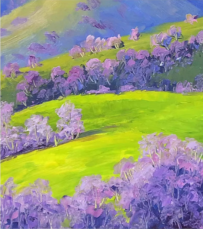 Original Oil Painting "Purple Grove" by Meritorious Painter Kim Young Chul – Collectible Hand-Painted Impressionist Landscape Art 9447