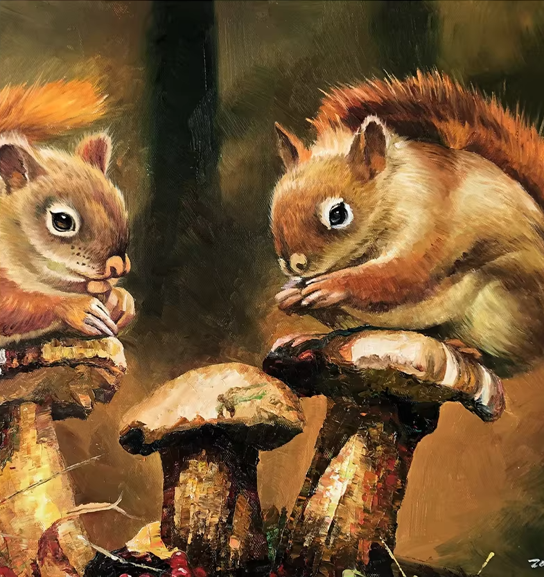 Original Oil Painting "Cute Squirrels" by First-Class Painter Kim Jun – Collectible Hand-Painted Wildlife Art G2581