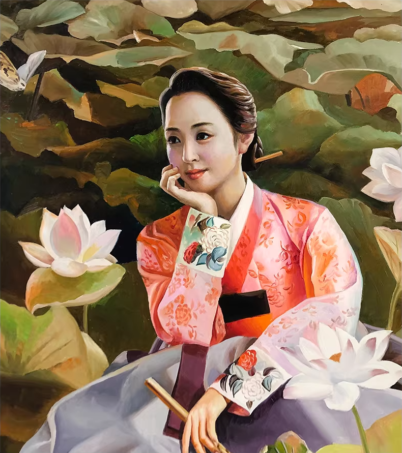 Original Oil Painting "Lotus Fairy" by First-Class Painter Yoon Sung Hak – Collectible Hand-Painted Hyper-Realist Portrait Art G2685
