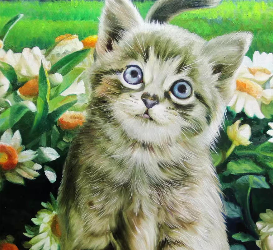 Original Oil Painting "Kitten in Flowers" by First-Class Painter Li Yu Xi – Collectible Hand-Painted Hyper-Realist Cat Art 6569