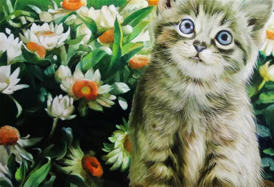Original Oil Painting "Kitten in Flowers" by First-Class Painter Li Yu Xi – Collectible Hand-Painted Hyper-Realist Cat Art 6569