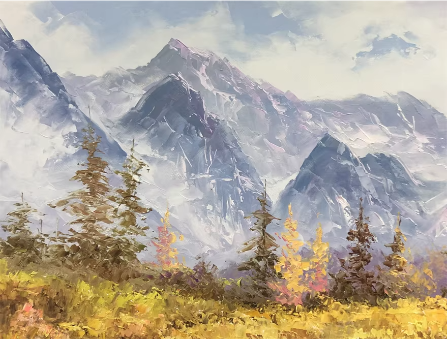 Original Oil Painting "Golden Leaves & Silver Mountains" by First-Class Painter Kim Chol Jun – Collectible Hand-Painted Impressionist Landscape Art 12138