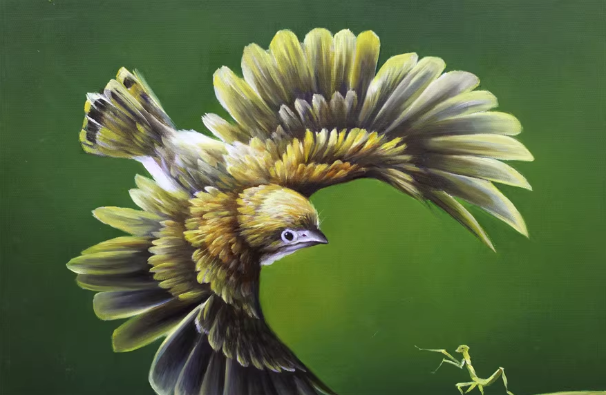 Bird and Mantis Wildlife Oil Painting by Lim Myong Hae X341