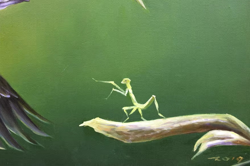 Bird and Mantis Wildlife Oil Painting by Lim Myong Hae X341