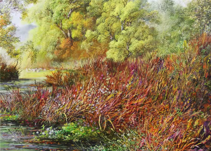 Wetland Thicket Oil Painting by Kang Jong Chul | Original Impressionist Landscape Art 253