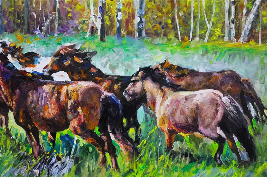 Galloping Horses Oil Painting by Lee Sung Chul | Original Impressionist Equine Art 1022