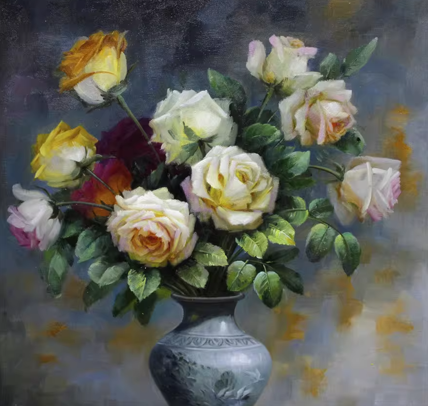 Vase of Roses Oil Painting by Kim Kyong Mi | Original Realist Floral Still Life Art 1882