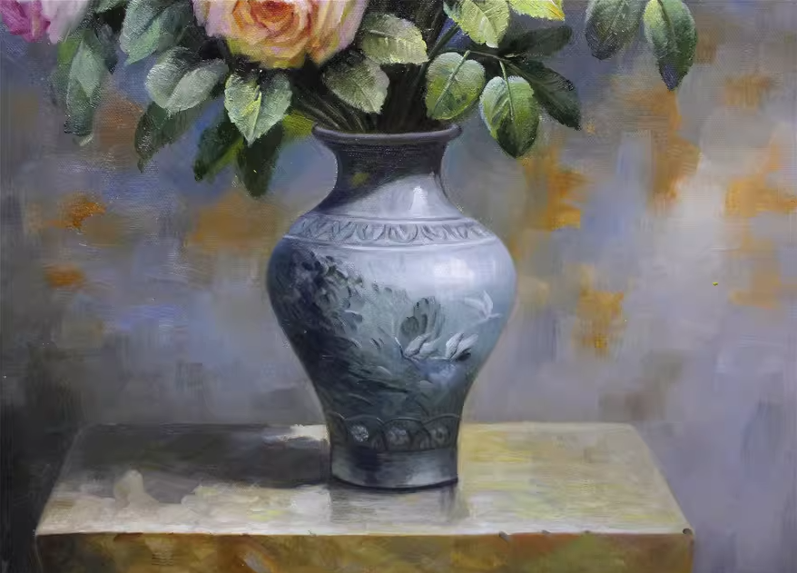 Vase of Roses Oil Painting by Kim Kyong Mi | Original Realist Floral Still Life Art 1882