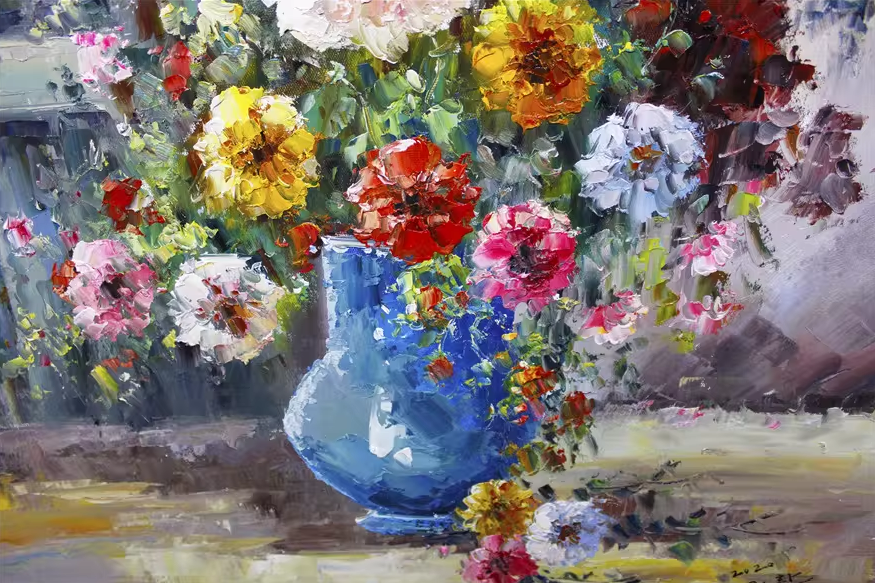 Vase of Flowers Oil Painting by Ri Hwan | Original Impressionist Floral Still Life 1866