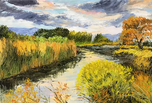 Autumn Stream Oil Painting by Kim Jong Su | Original Impressionist Wetland Landscape Art 9528
