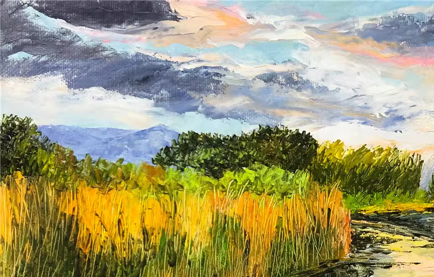 Autumn Stream Oil Painting by Kim Jong Su | Original Impressionist Wetland Landscape Art 9528