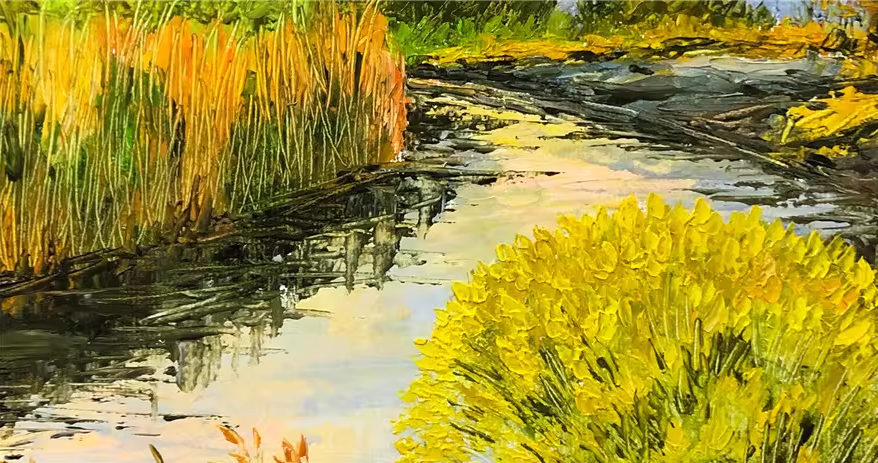 Autumn Stream Oil Painting by Kim Jong Su | Original Impressionist Wetland Landscape Art 9528