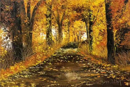 Original Oil Painting "Autumn Woods" by Kim Jong Su – Collectible Hand-Painted Impressionist Forest Path Landscape Art 9518