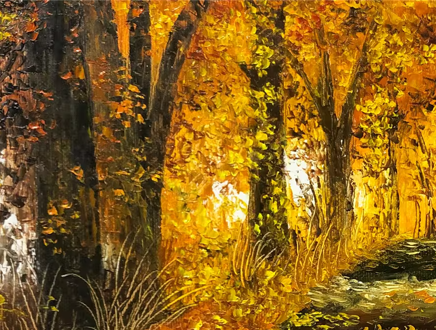 Original Oil Painting "Autumn Woods" by Kim Jong Su – Collectible Hand-Painted Impressionist Forest Path Landscape Art 9518